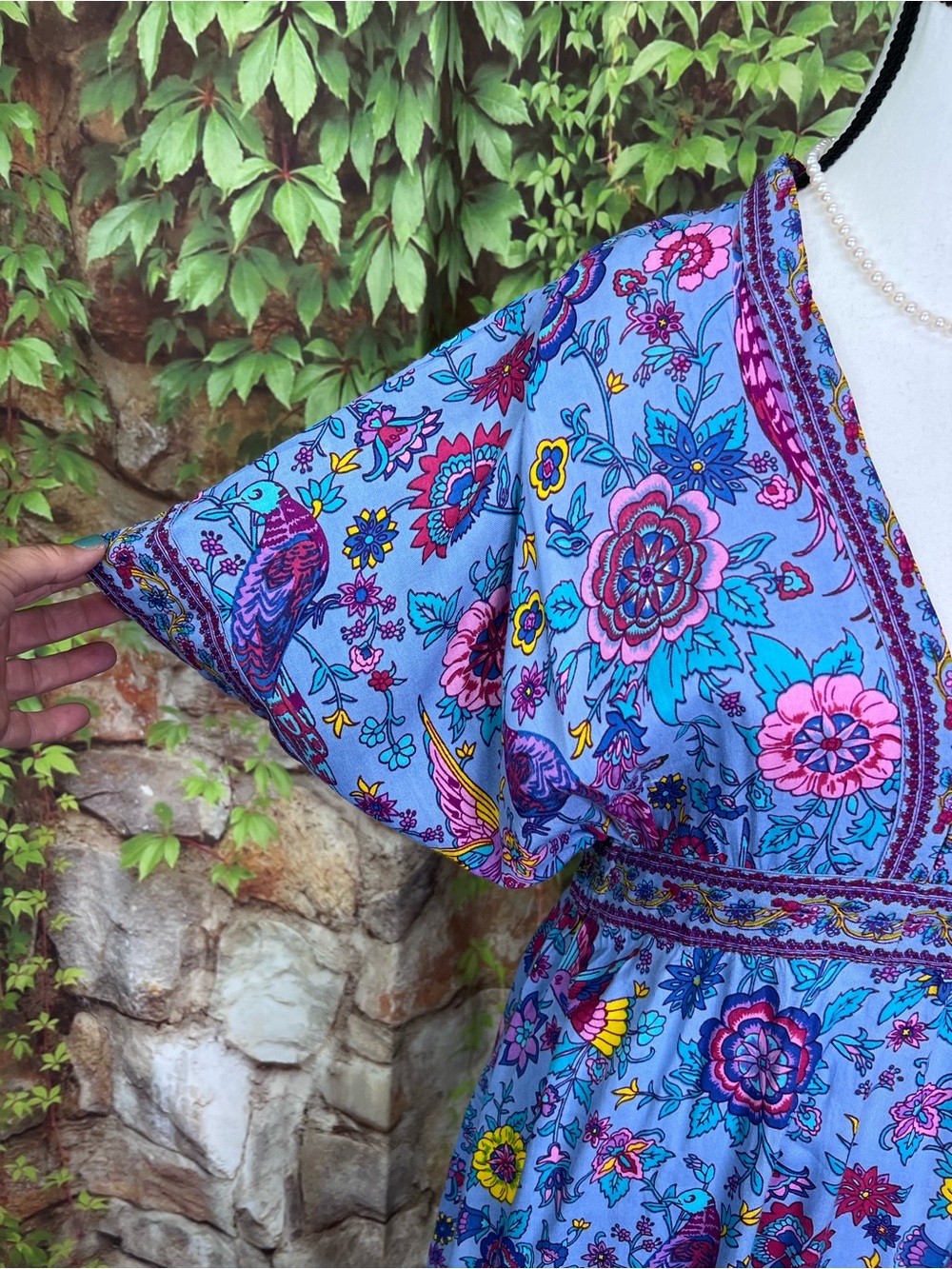 FABRIK Blue Bohemian Floral Tasseled Maxi Dress with Kimono Sleeves, S - Picture 3 of 13